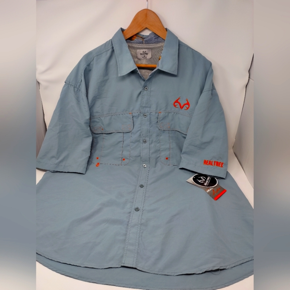 NWT Mens $55 Realtree Active Blue Embroidered Logo Button Front Shirt Size XXL